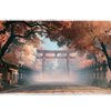 Wide view of the Autumn Torii Shrine desk mat featuring a torii gate, stone lanterns and a maple-lined temple path