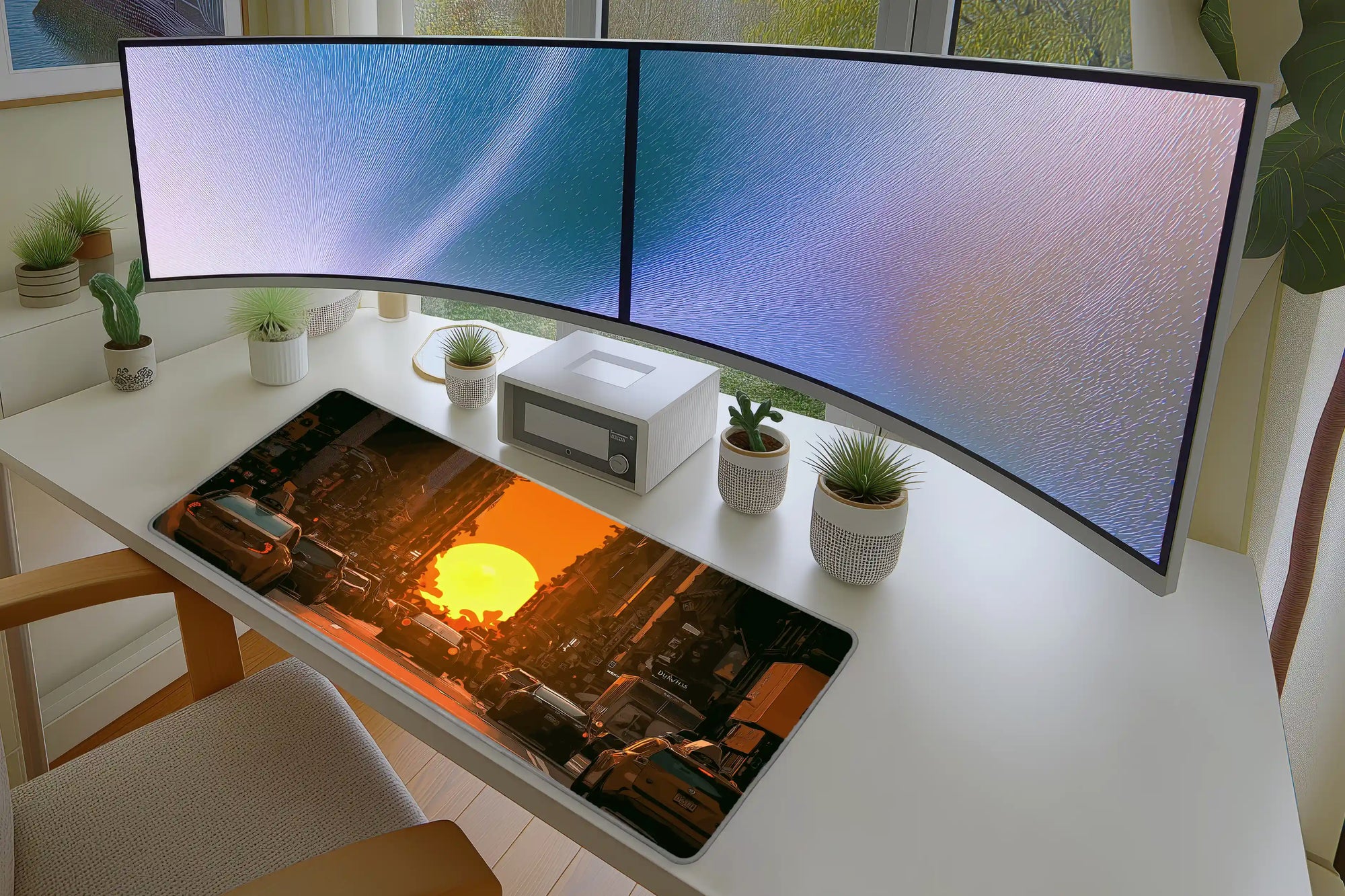 City Sunset Mousepad – Urban Glow & Traffic Silhouette