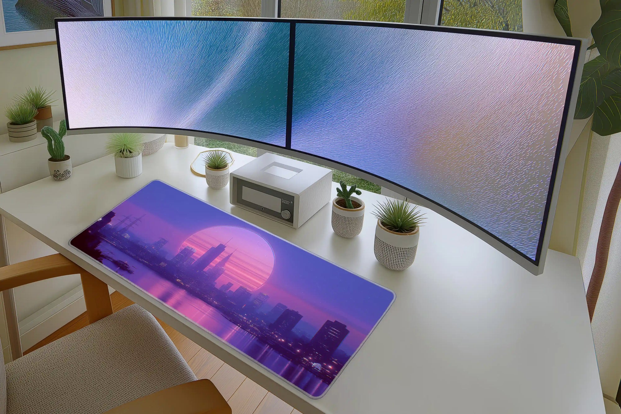 Neon Cityscape Mousepad – Retro Purple Synthwave Skyline