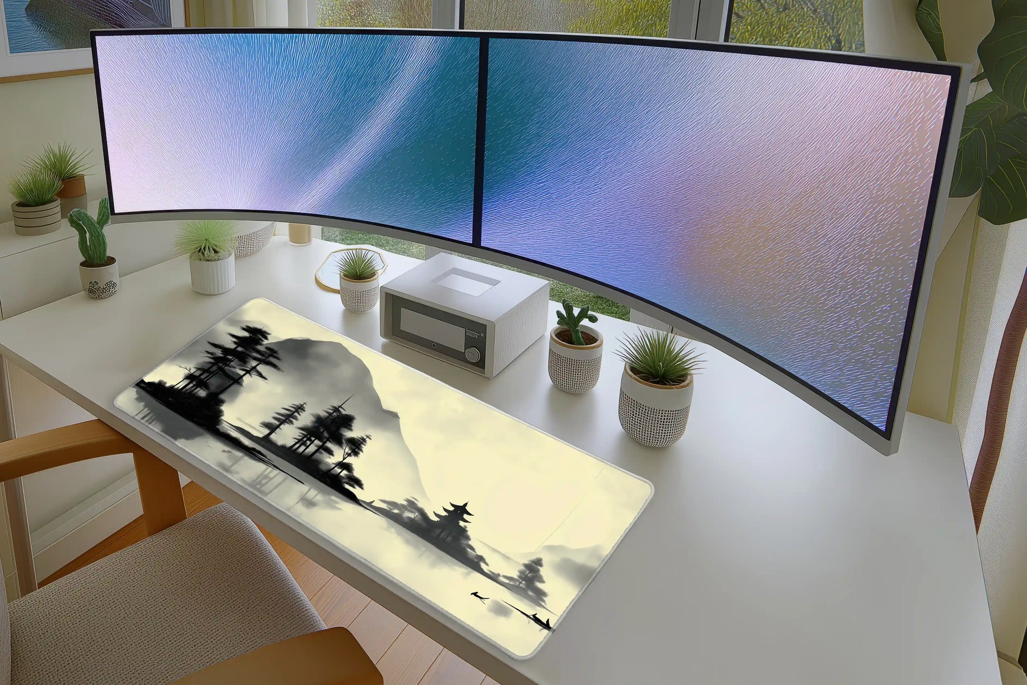 Japanese Ink Landscape Mousepad – Zen Pagoda & Misty Mountains