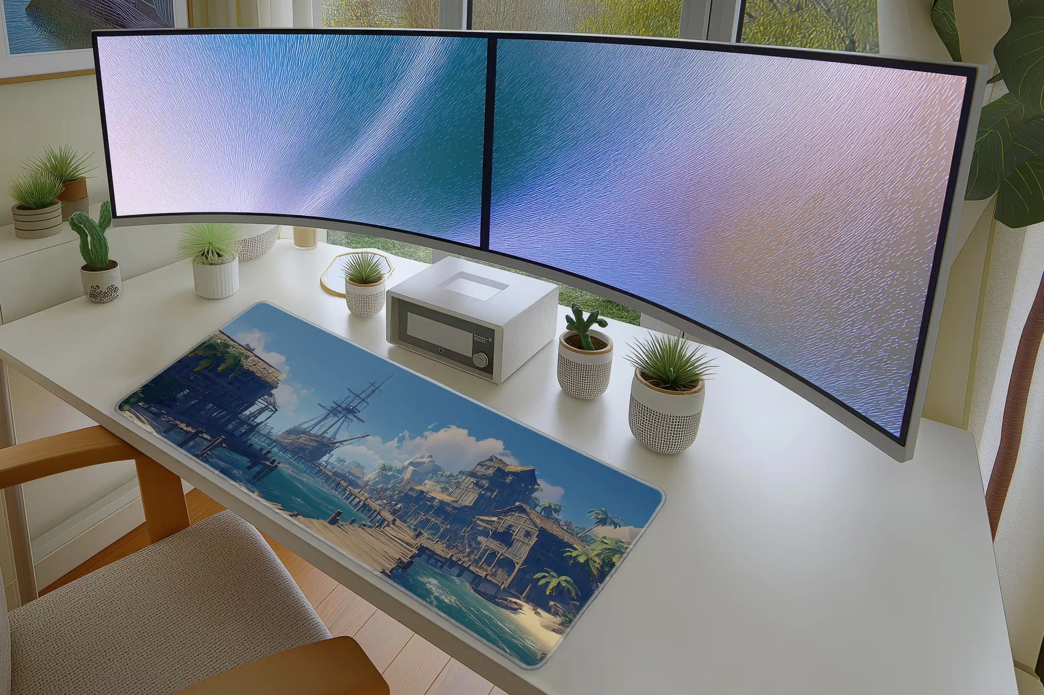 Pirate Port Mousepad – Tropical Dock & Wooden Ship Artwork