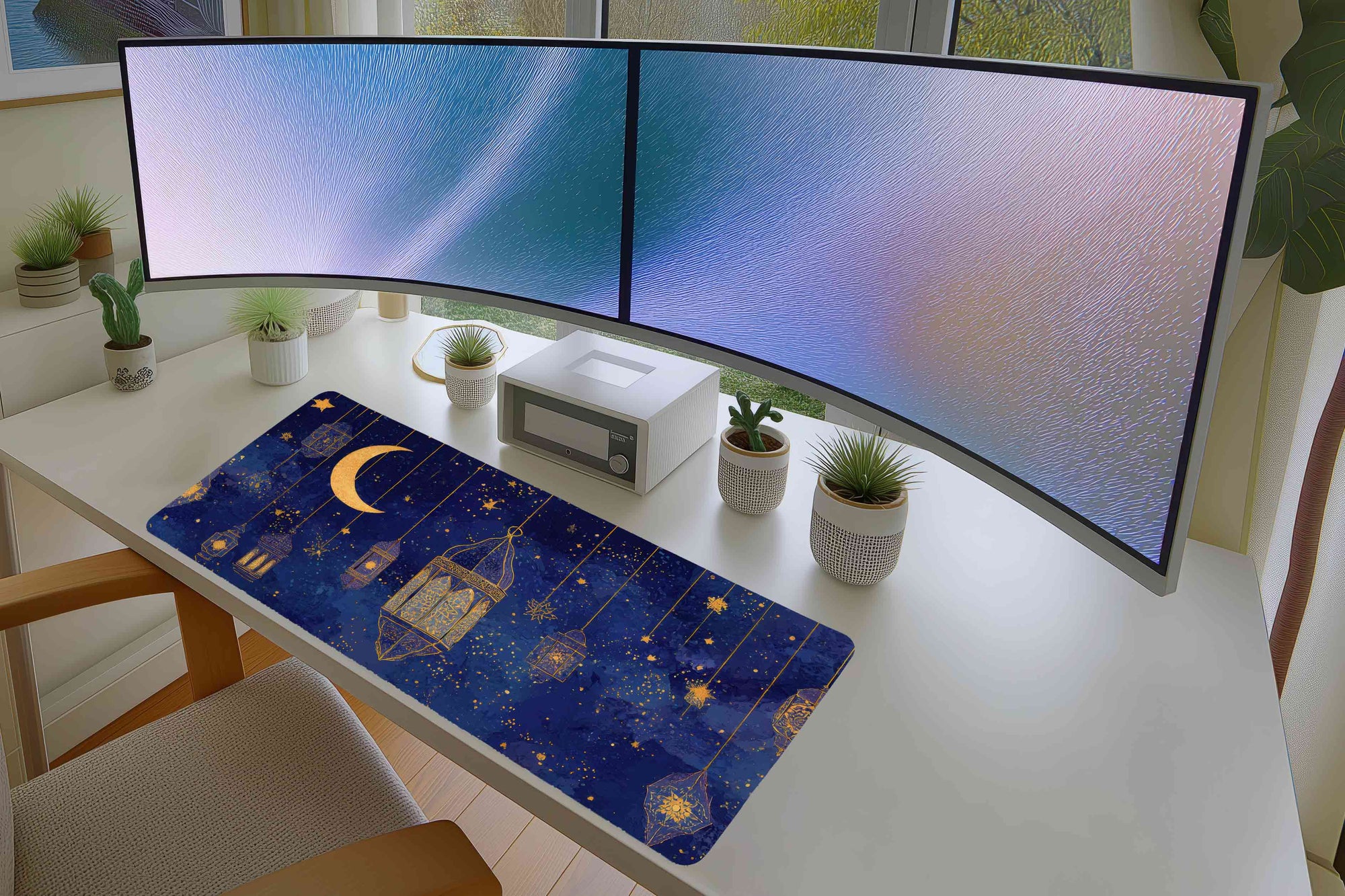 Golden Lanterns & Crescent Moon Mousepad – Night Sky Art