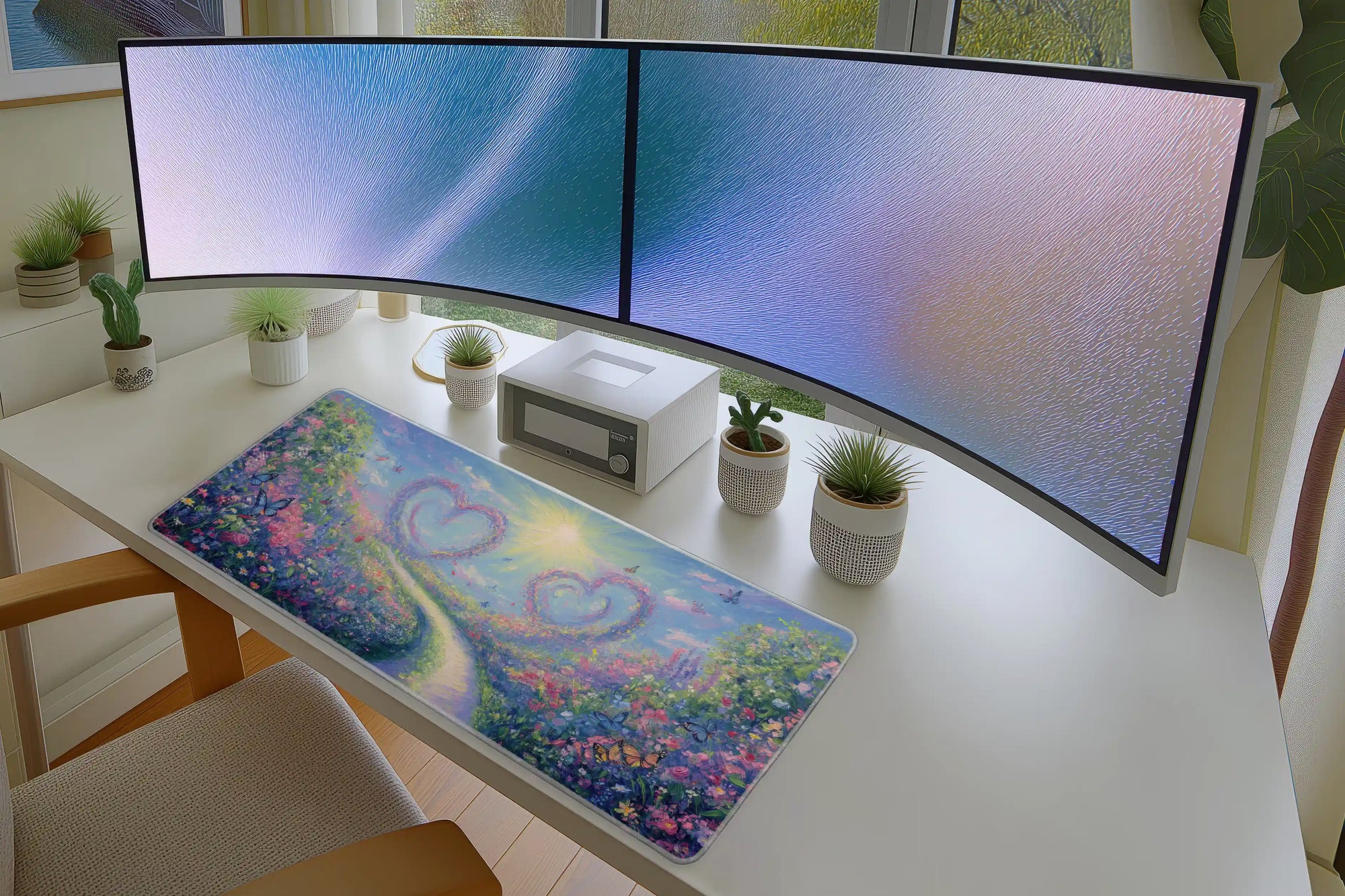 Whimsical Heart Garden Mousepad – Pastel Floral Butterfly Art