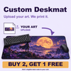 Custom desk mat with purple fantasy moon artwork beneath a keyboard and mouse; upload-your-art graphic with a buy-two-get-one-free offer.
