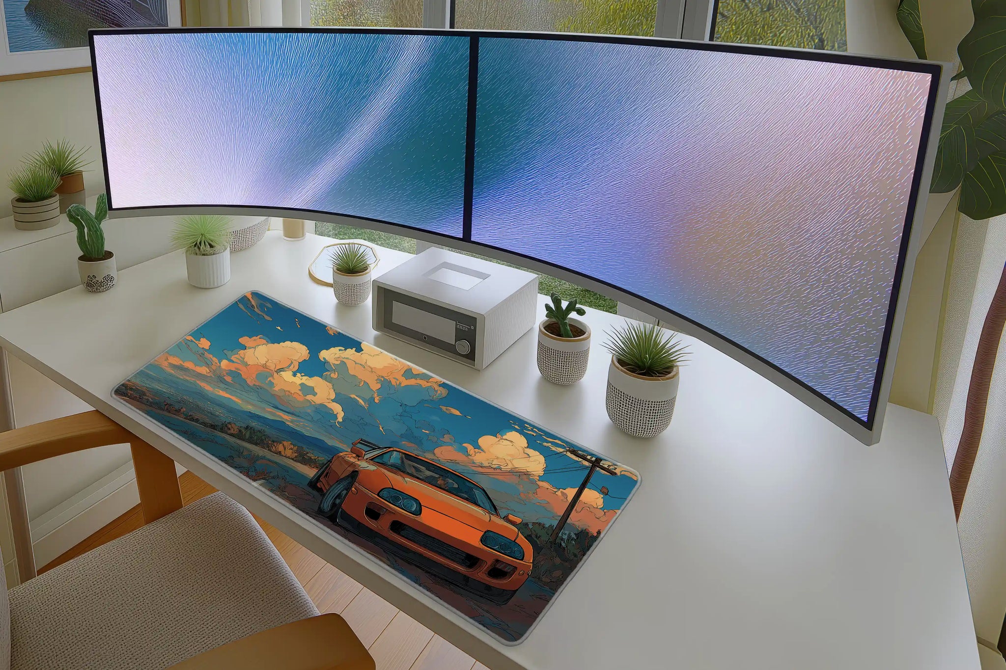 JDM Sunset Drive Mousepad – Vibrant Orange Sports Car Art