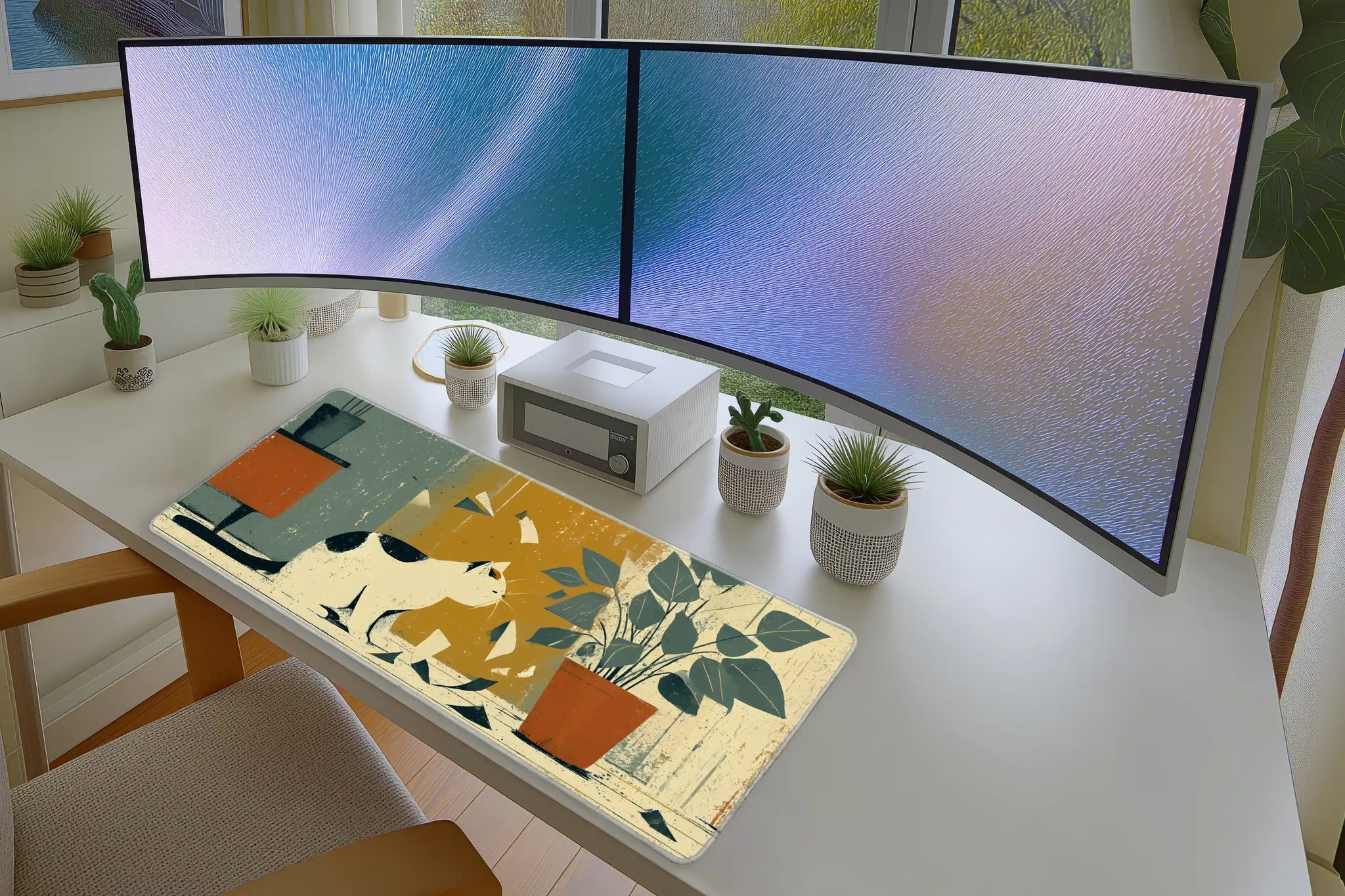 Mischievous Cat and Potted Plant Art Mousepad