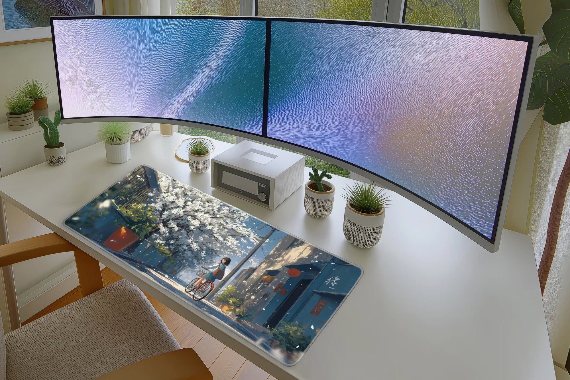 Spring Bicycle Street Mousepad – Anime Blossom Scene