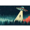 Retro UFO Abduction desk mat product view highlighting a vintage flying saucer beaming up a figure above a dark forest