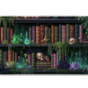 Dark academia desk mat showing antique books, green apothecary bottles, purple flowers, trailing plants and small skulls