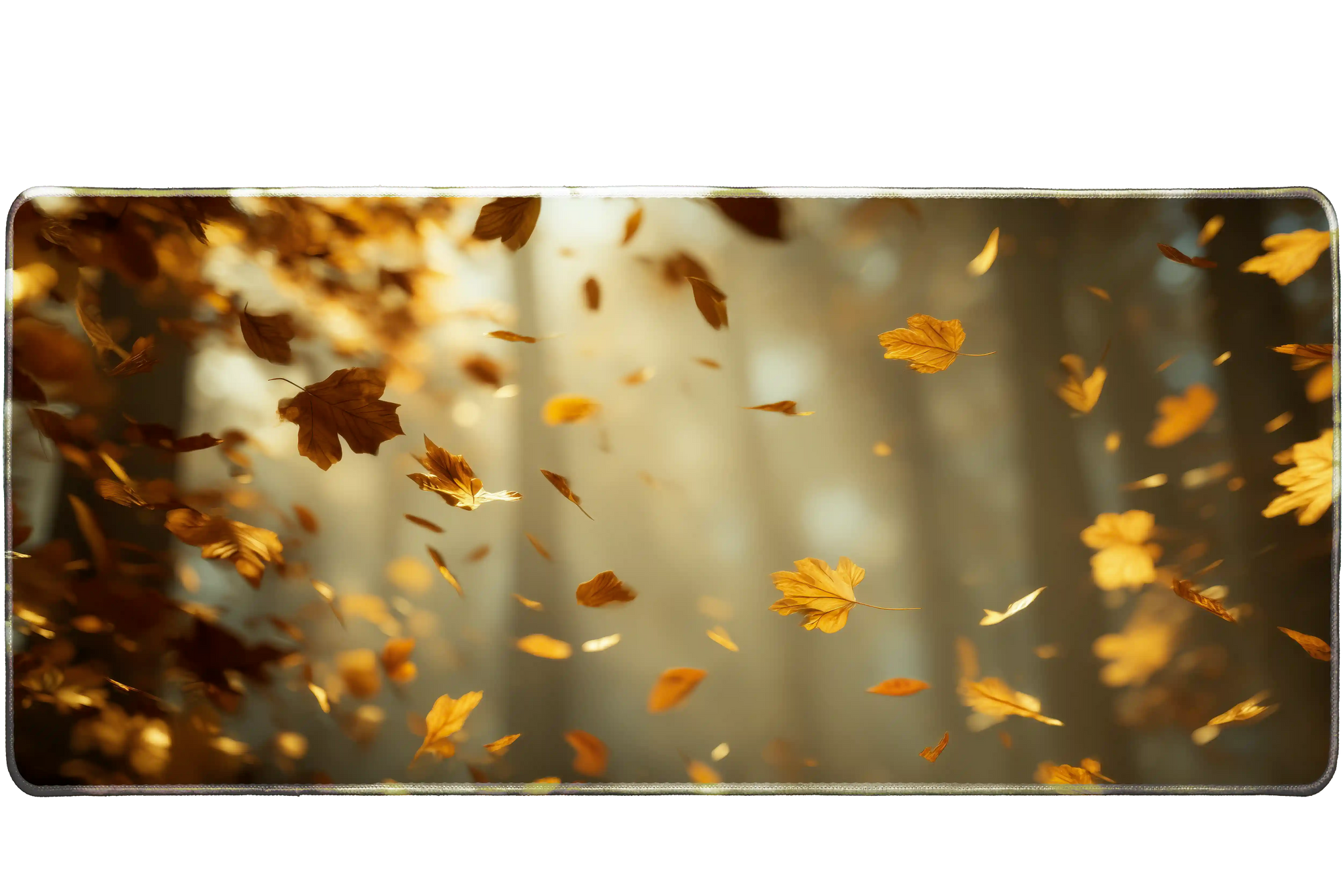 Autumn-themed 90x40cm desk mat featuring golden falling leaves in warm forest light – Print My Pad
