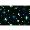 Celestial desk mat with mint-green stars, crescent moons and teal ringed planets on a dark blue-black sky