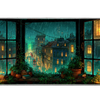 Rainy City Lantern – Night Window View desk mat and mouse pad by PrintMyPad