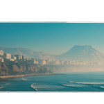 Landscape 36x16in custom desk mat featuring misty coastal city and mountains, non-slip base – PrintMyPad