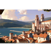 Overhead Mediterranean Village desk mat view with terracotta rooftops beside turquoise water and distant mountains