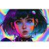 Cyber Y2K anime girl desk mat with short dark hair, a skull hair clip and rainbow neon glitch effects