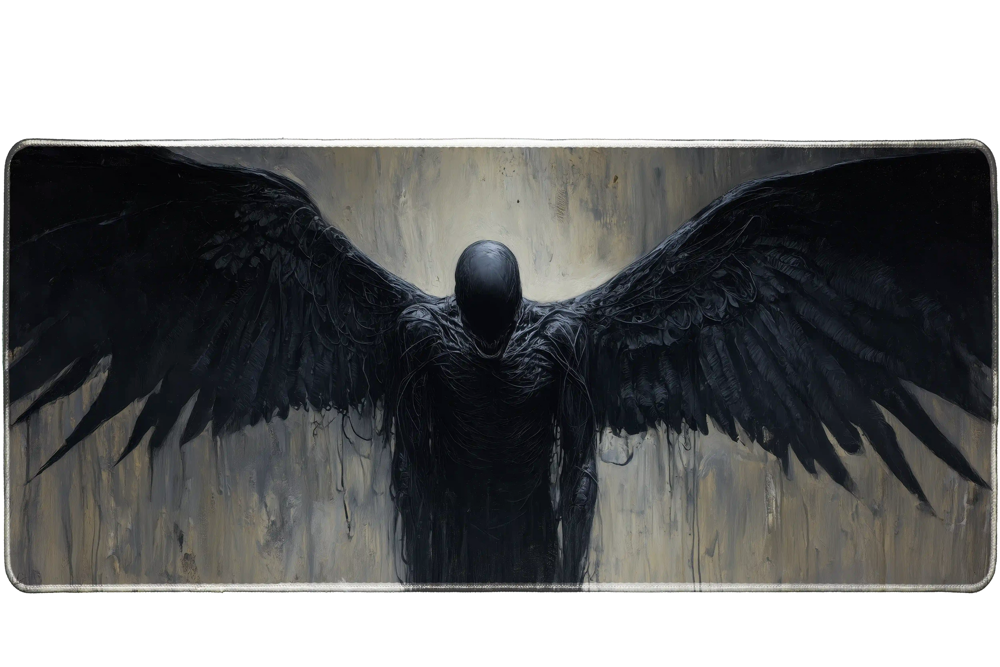 Fantasy 90x40cm custom desk mat featuring dark angel with outstretched wings in moody tones, non-slip rubber – Print My Pad