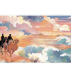 Landscape 36x16in custom mouse pad featuring caravan crossing desert with swirling ocean waves, stitched edge – PrintMyPad