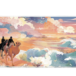 Landscape 36x16in custom mouse pad featuring caravan crossing desert with swirling ocean waves, stitched edge – PrintMyPad