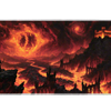 Full-width Gothic Fire Castle desk mat showing lava rivers, gothic ruins and a fiery storm sky