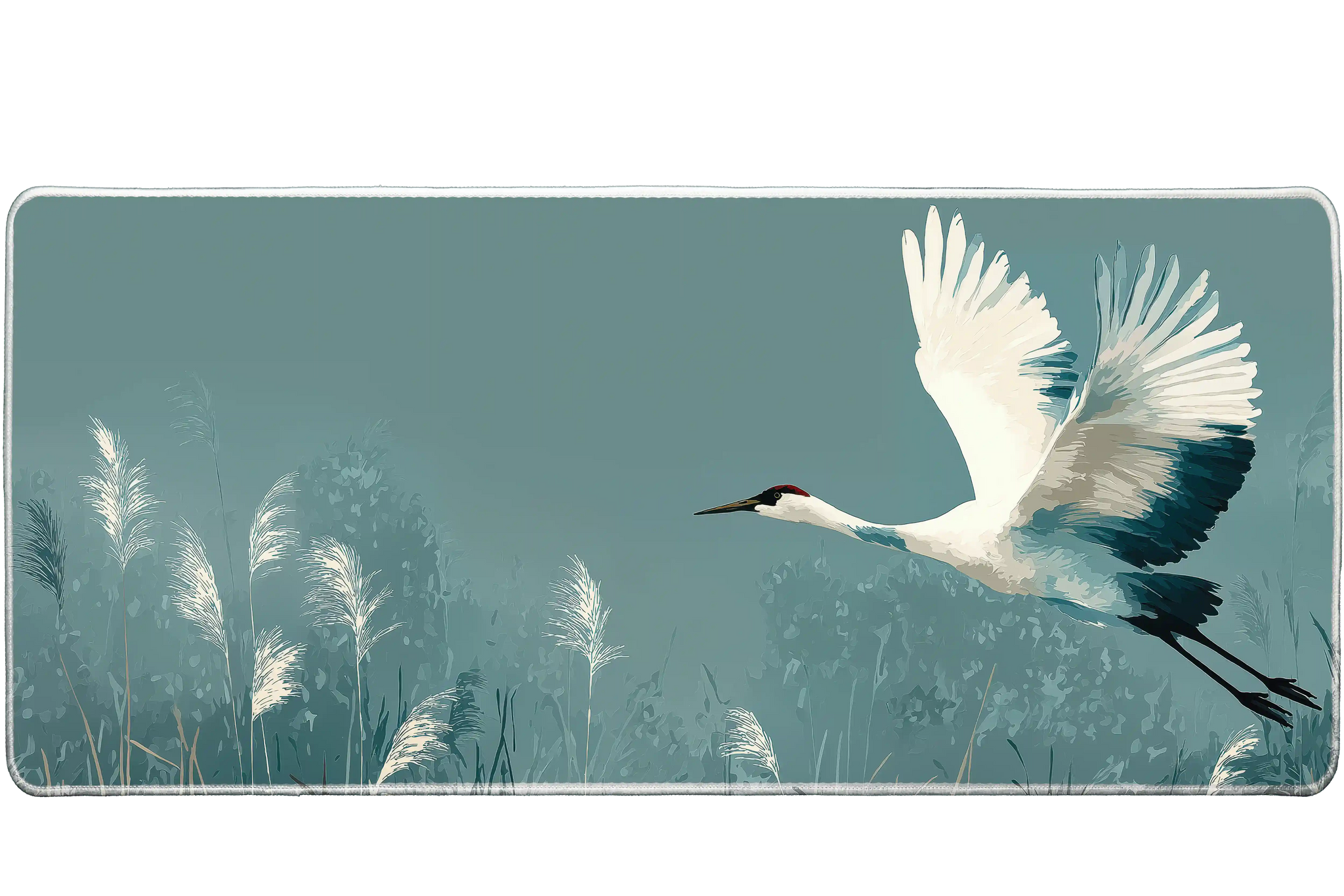 Animals 36x16in custom mouse pad featuring elegant crane in flight over reeds, non-slip base – PrintMyPad