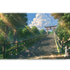Full-width Japanese Forest Cat desk mat showing a resting cat beside a sunlit torii stairway and summer forest