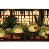 Wide cozy frog café library desk mat displaying the complete artwork across a desktop