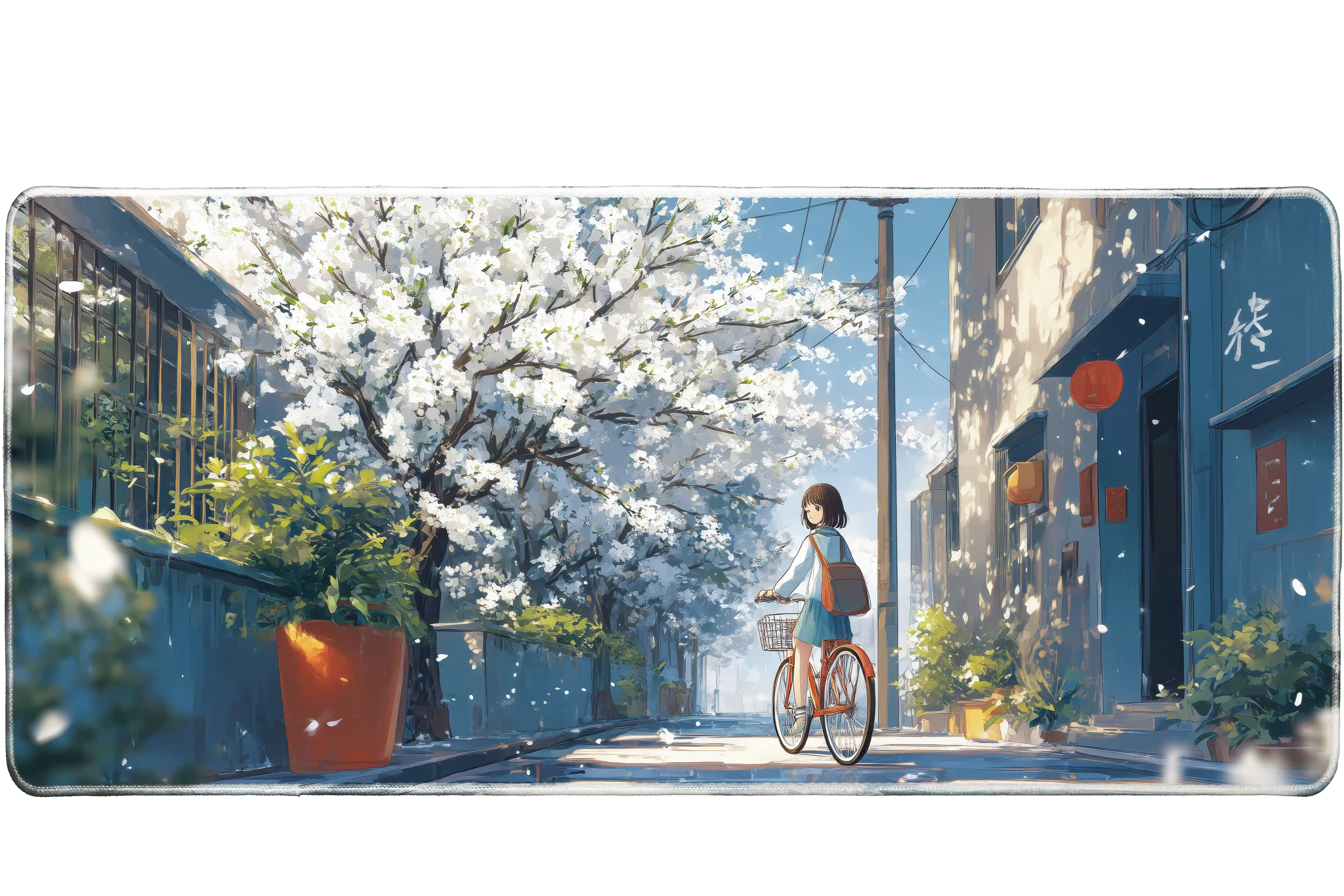 Anime 90x40cm custom desk mat featuring girl on bicycle under blooming cherry blossoms, non-slip rubber – Print My Pad