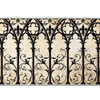 Gothic cathedral desk mat with repeating black pointed arches, columns and scrolling ornament on an aged cream background