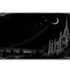 Moonlit gothic cathedral desk mat with fine pale spires, a crescent moon and an ornate thorn border on black