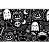 Black and white Halloween doodle desk mat with smiling ghosts, cats, pumpkins, bats, witch hats and potion bottles