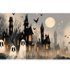 Haunted village desk mat with cream ghosts, black houses, glowing orange windows and a full moon in gray fog