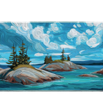 Landscape 36x16in custom desk mat with painted lake islands and vivid clouds, non-slip rubber base – PrintMyPad