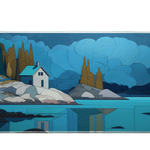 Landscape 36x16in custom desk mat with cabin by lake, stitched edge – PrintMyPad