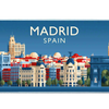 Madrid desk mat artwork showing blue monumental buildings and red rooftops beneath Madrid lettering