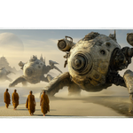 Fantasy 90x40cm custom desk mat featuring monks walking beside giant mechanical crabs in a desert landscape, non-slip rubber – Print My Pad