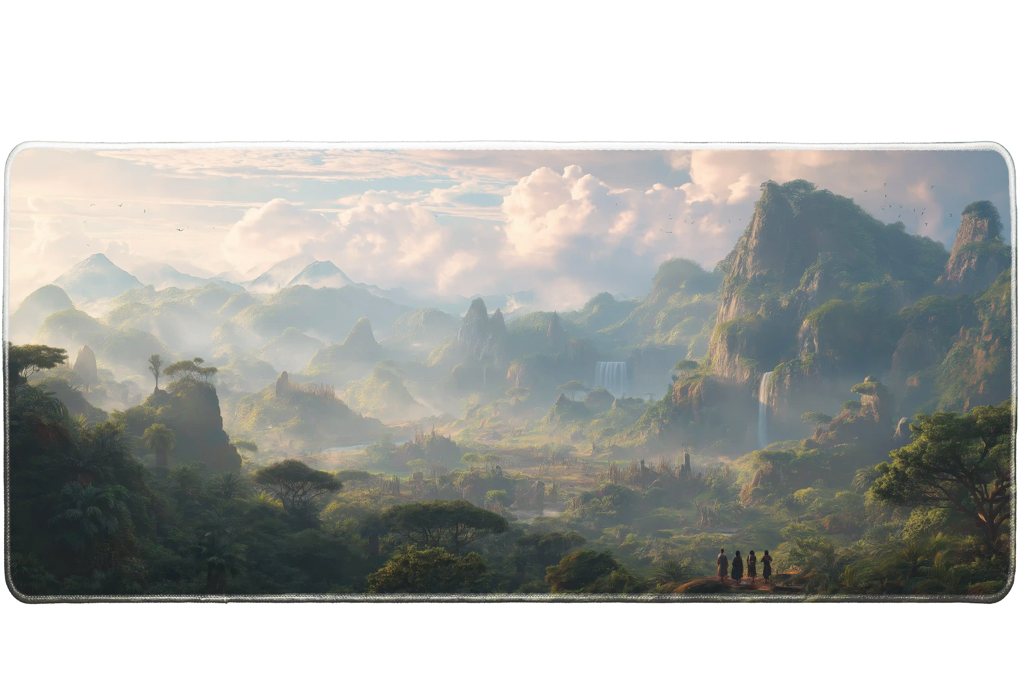 Fantasy 90x40cm custom desk mat with misty jungle mountains and explorers, non-slip base – Print My Pad