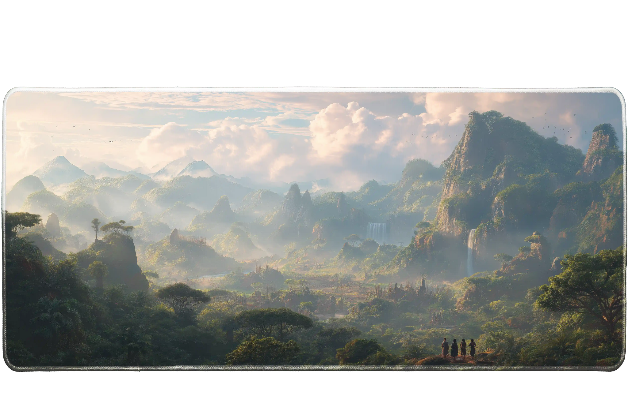Fantasy 90x40cm custom desk mat with misty jungle mountains and explorers, non-slip base – Print My Pad