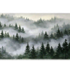 Misty pine forest desk mat with dark green evergreen trees fading into pale gray fog and cream light
