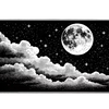 Black and white moonlit cloudscape desk mat with a full moon, halftone clouds and small bright stars