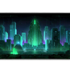Futuristic city desk mat with a glowing green central tower, teal skyscrapers and purple light against a dark sky