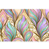 Pastel Art Nouveau feather desk mat with aqua, lavender and pink curves outlined in gold-colored lines