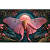 Pink luna moth desk mat with a glowing moon, dark teal leaves, purple flowers and gold-colored scrollwork