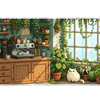 Pixel Plant Cafe Desk Mat | Cat Coffee Mouse Pad artwork on an extended desk mat with pixel plant cafe with cat and coffee bar artwork