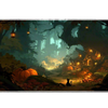 Enchanted forest desk mat with orange pumpkins, red mushrooms, warm lanterns, a woodland cottage and a black cat