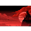 Red moon gothic castle desk mat with a black fortress, flying bats and sweeping crimson clouds