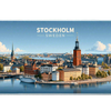 Stockholm desk mat artwork showing blue Stockholm waterways, bridges and warm historic waterfront buildings