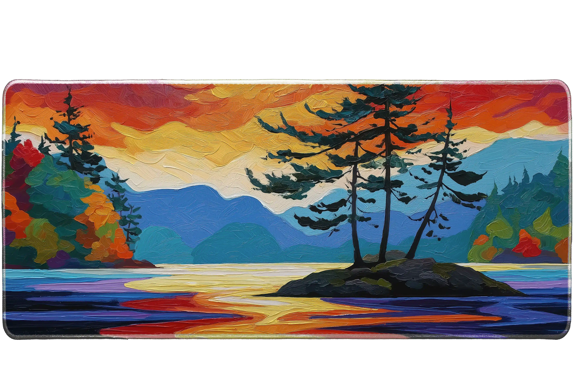 Landscape 36x16in custom mouse pad with vivid sunset island scene, stitched edge – PrintMyPad