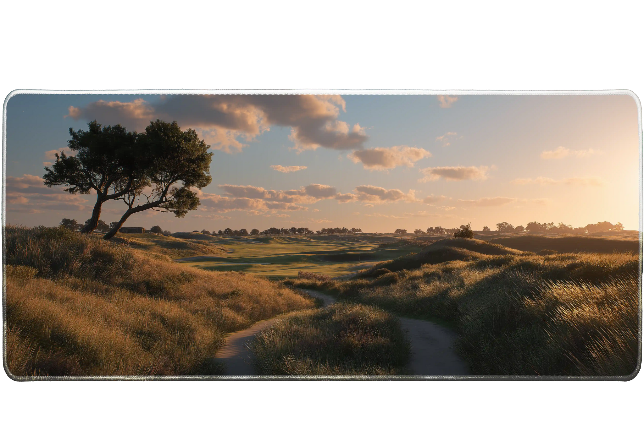 Landscape 36x16in custom desk mat featuring golden meadow at sunset, non-slip rubber base – PrintMyPad