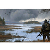 Wide survival hunter wetlands landscape desk mat displaying the complete artwork across a desktop