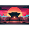 Full-width Asian Temple Sunset desk mat showing temple silhouettes framed by a huge sun and dramatic clouds